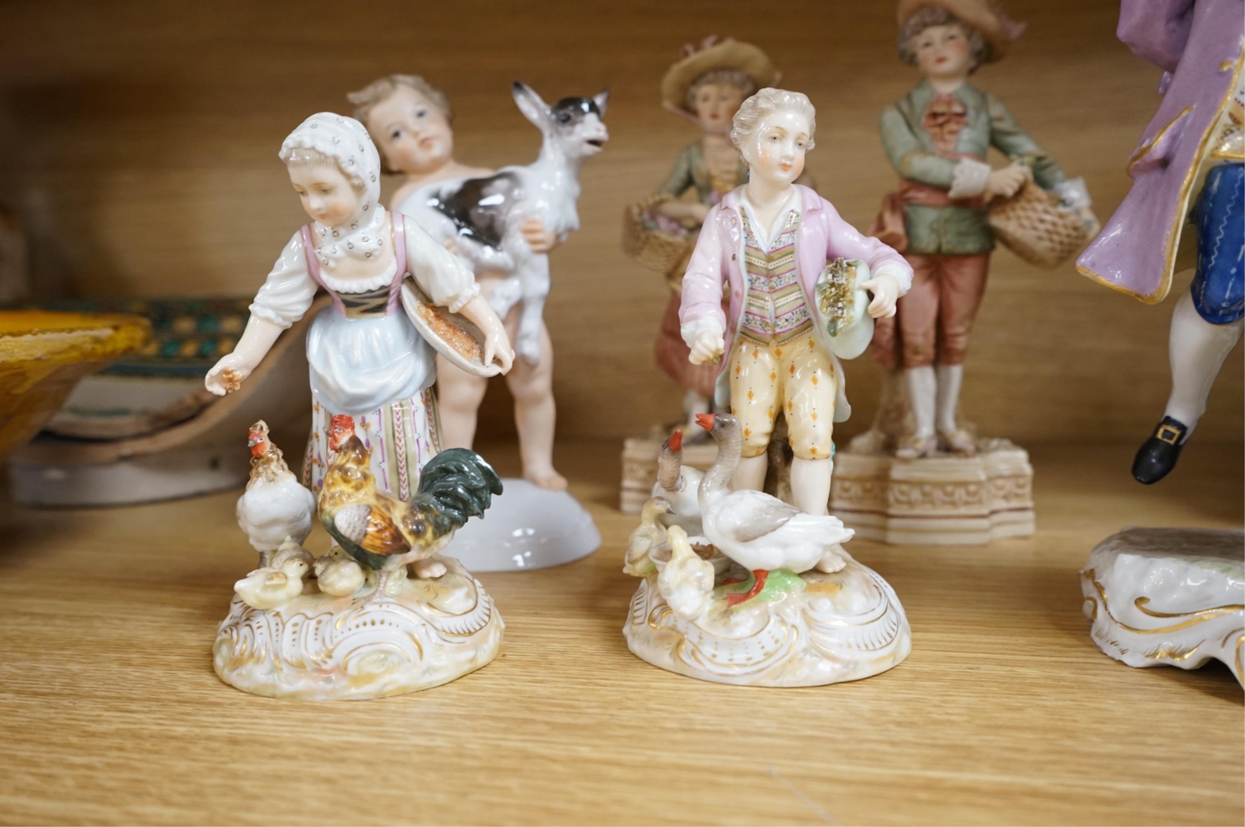 Late 19th century figure groups, including a pair of Samson dancing figures, pair of figures with chicken, pair of Royal Dux Rosenthal and another pair (9), tallest 25cm